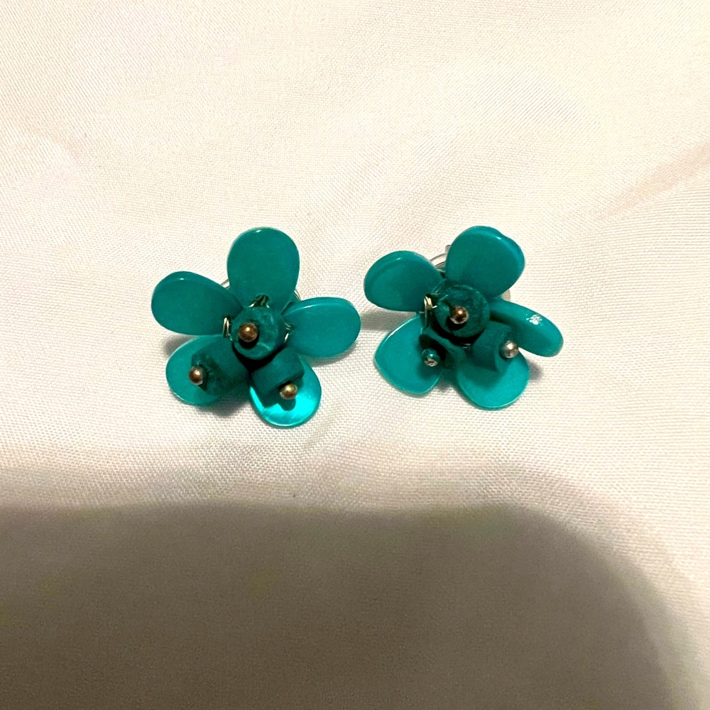 Teal Blue Enamel Beaded Pierced Earrings.